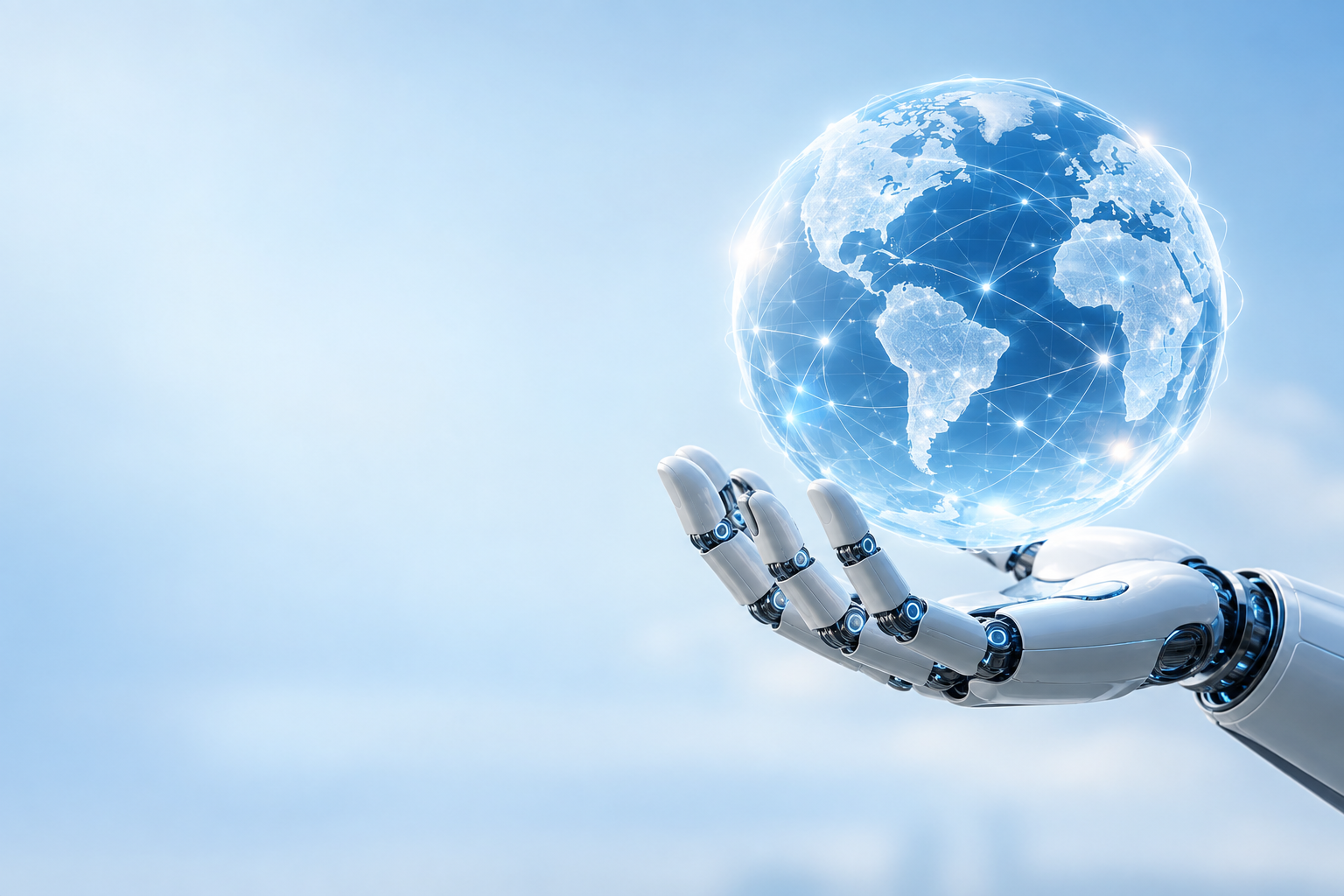 Robotic engineering hand supporting a connected globe